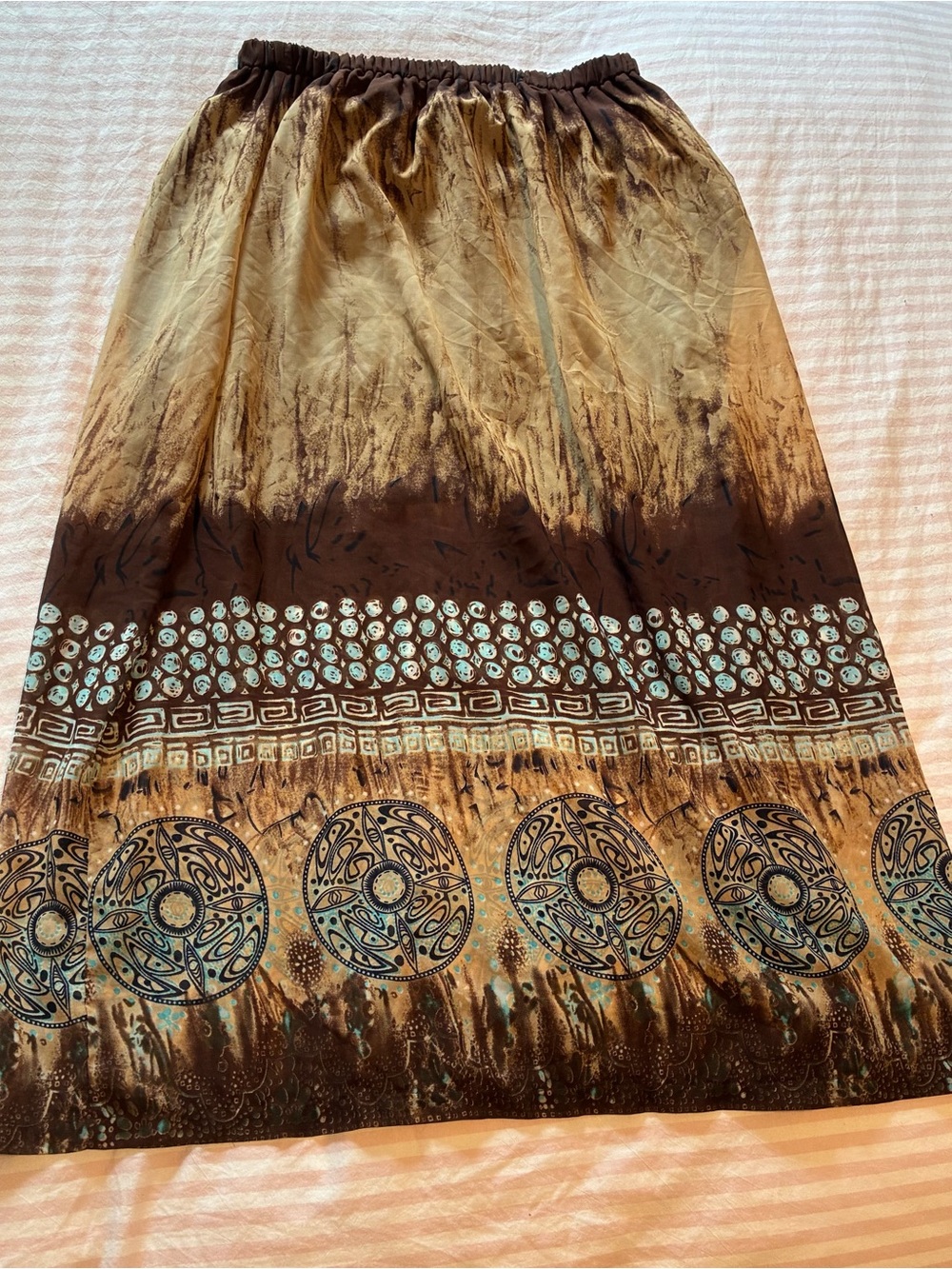 Earth-Tone Printed Maxi Skirt with Circular Motif